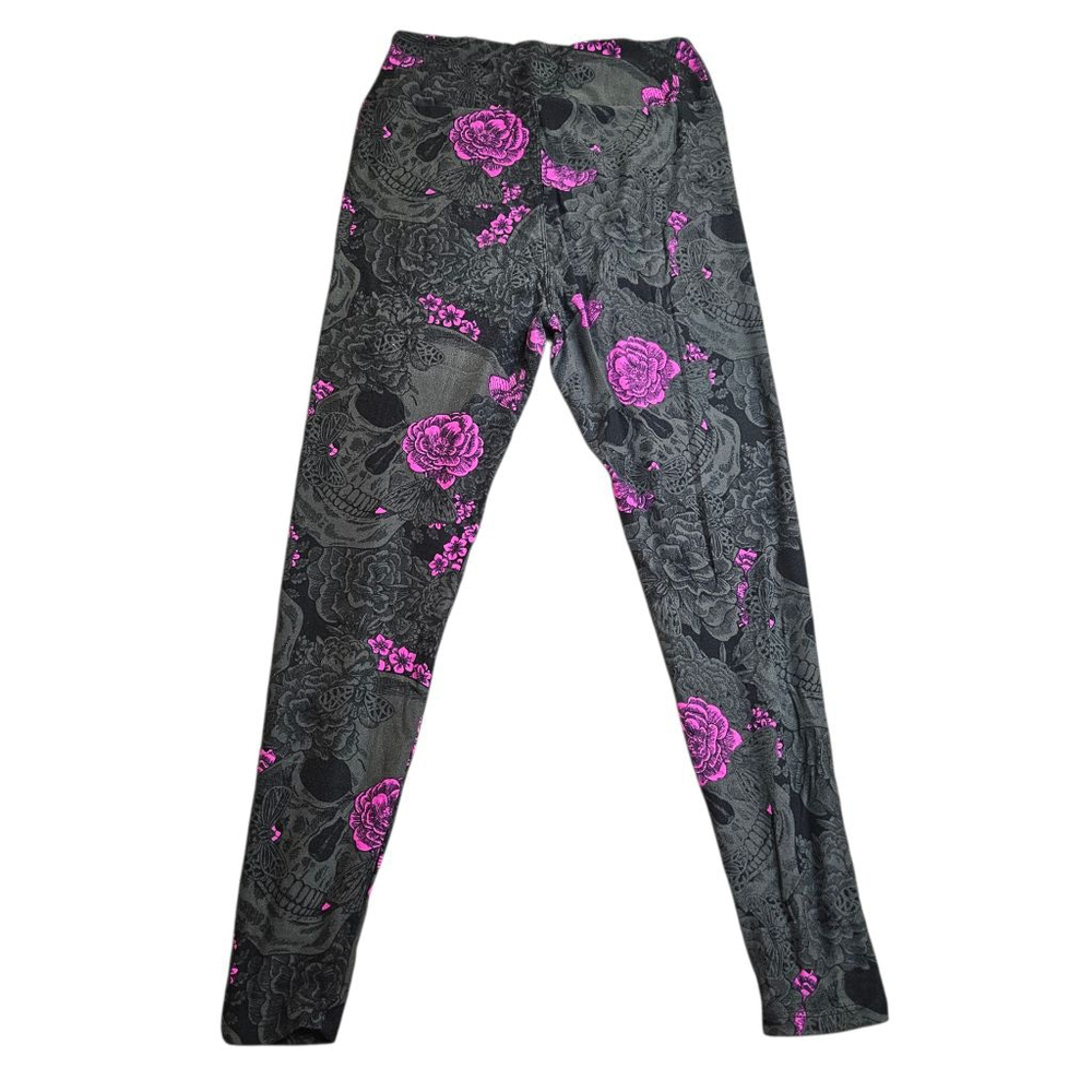 LuLaRoe One Size Black Pink Floral Skull Butterfly Leggings - Picture 2 of 5
